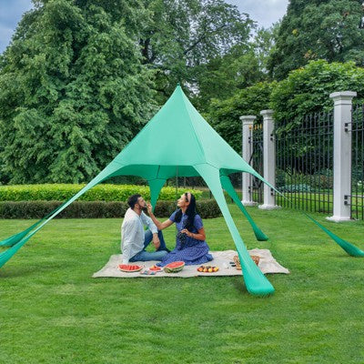  Tangkula 20 X 20 FT Beach Tent Beach Canopy W/ UPF50+ Sun Protection Carrying Bag & Sand Shovel Aluminum Pole & 6 Ground Stakes Blue/Green