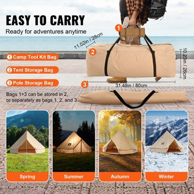  VEVOR Canvas Bell Tent, 4 Seasons 3 M/9.8ft Yurt Tent, Canvas Tent For Camping With Stove Jack, Breathable Tent Holds Up To 4 People