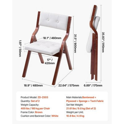  VEVOR Wooden Folding Chairs With Cushion, Set Of 2, Portable Foldable Cushion Chair With Wooden Frame, Modern Padded Dining Chair, White