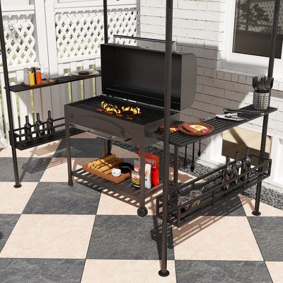  Aghana Digitals Dark Gray 2-Tier BBQ Grill Gazebo With 2 Side Shelves, Storage Baskets, Ceiling