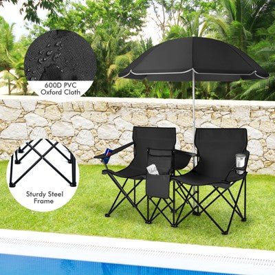 Tangkula Portable Double Camping Chair, Folding Picnic Loveseat W/ Removable Adjustable Umbrella, Side Pocket & Cupholder Red/Gray/Black/Turquoise