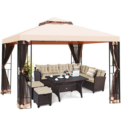  Tangkula 10'x10'Outdoor Canopy Gazebo Art Steel Frame 2-Tiers Party Patio Large Canopy Gazebo W/Netting&Side Walls