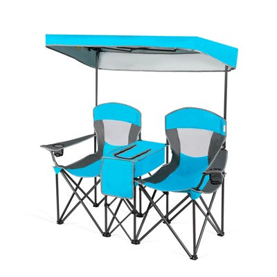  Gymax Double Folding Camping Chairs W/ Carrying Bag Outdoor 2-Seat Picnic Chair W/ Adjustable & Detachable Canopy Portable & Foldable Loveseat