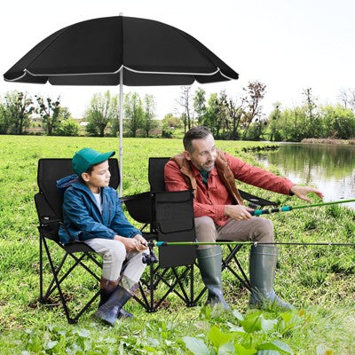  Tangkula Portable Double Camping Chair, Folding Picnic Loveseat W/ Removable Adjustable Umbrella, Side Pocket & Cupholder Red/Gray/Black/Turquoise