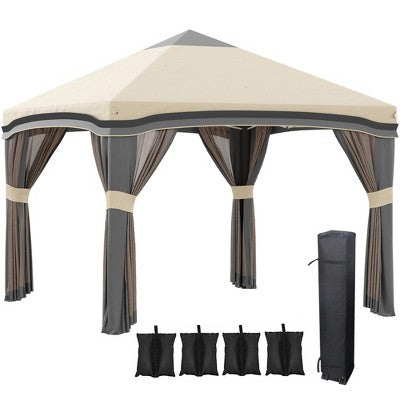  Outsunny 10' X 10' Pop Up Canopy With Nettings, Foldable Party Tent With Wheeled Carry Bag And 4 Sand Bags