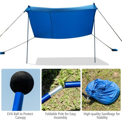  Tangkula 7'x7' Beach Tent Canopy W/ 4 Poles Sandbag Anchors UPF50+ Blue/Green/Purple