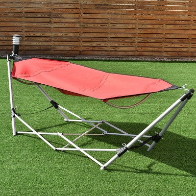  Costway Red Portable Folding Hammock Lounge Camping Bed Steel Frame Stand W/Carry Bag