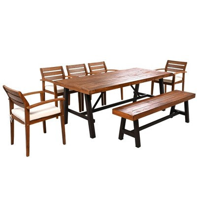  GO Outdoor Wood Dining Set For 7-8 Person, Outdoor Dining Furniture With Removable Cushions, Ergonomic Chairs And Bench, Thicker Table, Nature