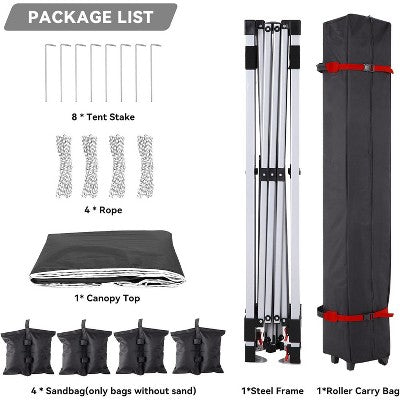  Acekool 10x10 Pop Up Canopy With Side Wall, Portable Sun Shelter With Wheeled Bag, Stakes, Ropes & Weight Bags For Outdoor Events, White