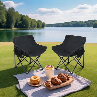  Sevobal Outdoor Portable Chairs 2PCS Folding Camping Chair Set With Side Pocket And Carry Bag For Patio Lawn Garden Deck, Black, 16.5"*20.1"*25.6"