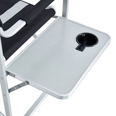  Airsurfer 1-Piece Padded Folding Directors Chair With Side Table & Storage Pockets, Oversized Lightweight Chair For Camping, Fishing, Black/Grey