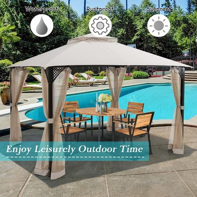  Costway 12' X 10' Outdoor Patio Gazebo Canopy Shelter Double Top Sidewalls Netting Brown\ Beige