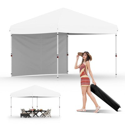  10x10 Heavy Duty Pop Up Canopy, One-Button Setup, Portable Roller Bag, Adjustable Height, Includes 1 Sidewall & 4 Weight Bags