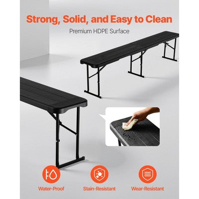  VEVOR Plastic Folding Bench, 6 Ft Portable Bench For Outdoor Picnic Party Camping Dining, Foldable Smooth HDPE Seat, Black