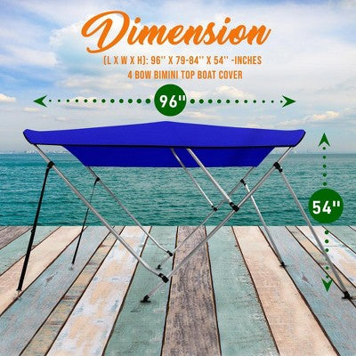  SereneLife 4 Bow 85-90 Inch Bimini UV Resistant Waterproof Top Boat Cover With 1 Inch Double Walled Aluminum Frame Tube And Windproof Straps, Blue