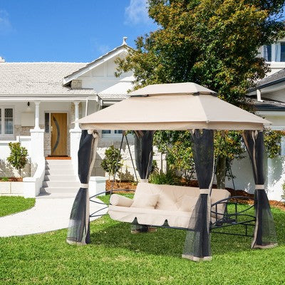  Outsunny 3 Person Patio Swing Chair, Gazebo Swing With Double Tier Canopy, Cushioned Seat, Mesh Sidewalls