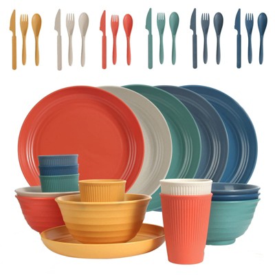  Itopfox Wheat Straw Dinnerware Set, 36-Piece Unbreakable Plates & Bowls, Eco-Friendly & Microwave Safe, Ideal For Camping, Picnics & Home Use