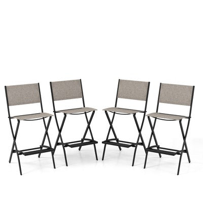  Costway Set Of 4 Outdoor Bar Chair Folding Bar Height Stool With Metal Frame Blue/Coffee