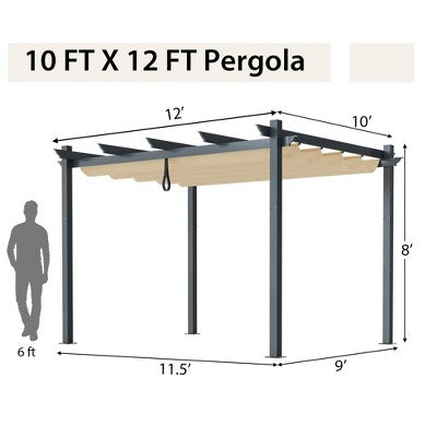  Costway 10x12ft Outdoor Aluminum Retractable Pergola Canopy Shelter Grape Trellis Beige/Gray