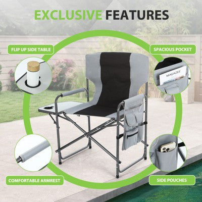  MUKE Foldable Aluminum Director’s Chair With Side Table & Pocket, Lightweight Heavy-Duty Armrest Seat For Camping, Patio, Events & Indoor Use