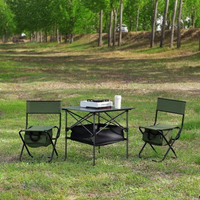  DSVIMOY Folding Chair, 3-Piece Folding Outdoor Chairs Set With 1 Table, Camping Chair For Picnics, Backyard, Black & Green, 19.3"*15.35"*30.5"
