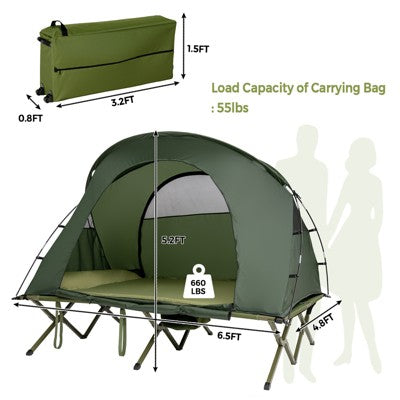  Tangkula 2-Person Folding Camping Tent Cot Outdoor Elevated Tent W/External Cover Green/Gray