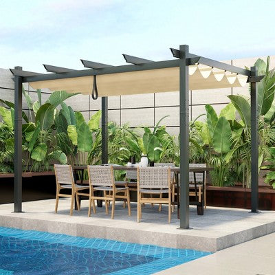  Costway 10x12ft Outdoor Aluminum Retractable Pergola Canopy Shelter Grape Trellis Beige/Gray