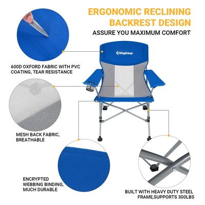  KingCamp Mesh Oversized Outdoor Folding Lounge Chair With Cupholder And Carry Bag For Camping, Sporting Events, Or Tailgating, 2 Pack, Blue/Grey
