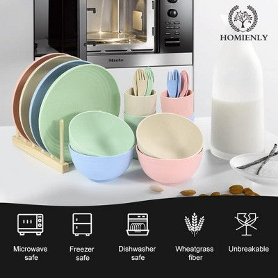  Itopfox 20-Piece Wheat Straw Dinnerware Set, Microwave & Dishwasher Safe Unbreakable Plates Bowls Cups Forks & Spoons For Kitchen, Camping, Parties