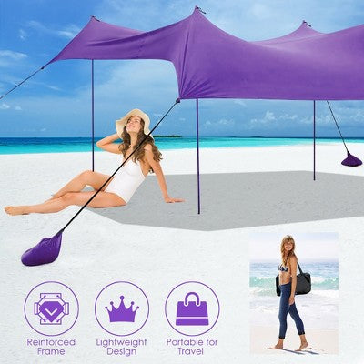  Costway Family Beach Tent Canopy W/4 Poles Sandbag Anchors 10'x9' UPF50+ Purple/Green/Blue