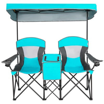  Gymax Double Folding Camping Chairs W/ Carrying Bag Outdoor 2-Seat Picnic Chair W/ Adjustable & Detachable Canopy Portable & Foldable Loveseat