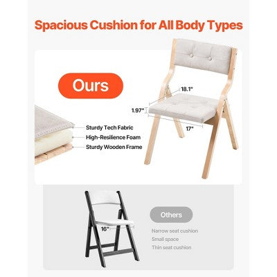  VEVOR Wooden Folding Chairs With Cushion, Set Of 2, Portable Foldable Cushion Chair With Wooden Frame, Modern Padded Dining Chair, Beige