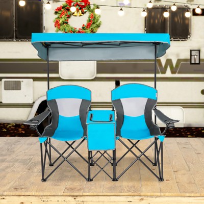  Gymax Double Folding Camping Chairs W/ Carrying Bag Outdoor 2-Seat Picnic Chair W/ Adjustable & Detachable Canopy Portable & Foldable Loveseat