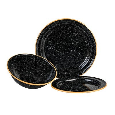  Granite Ware 3-Piece Camping Bowl & Plate Set For Outdoors, Speckled Black - Durable Steel Dinnerware - Unbreakable & Reusable For Dinner/Dessert