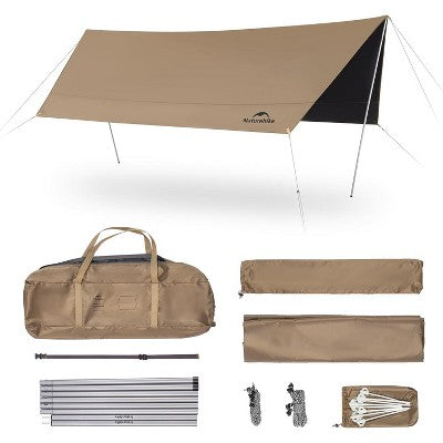  Naturehike Camping Tent Tarp With Poles, Waterproof PU 18000mm+, Anti-UV UPF2000+ Camping Sun Shelter Rain Fly, Camping Tent Canopy For Outdoor Party