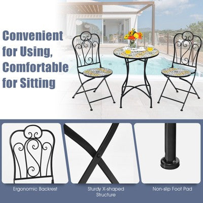  Tangkula 2PCS Outdoor Mosaic Folding Bistro Chairs Patio Chairs With Ceramic Tiles Seat And Exquisite Floral Pattern Yellow Seat
