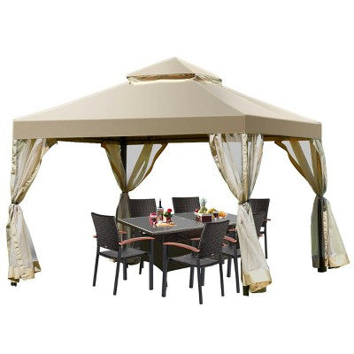  Costway Outdoor 2-Tier 10'x10' Gazebo Canopy Shelter Awning Tent Patio Garden Screw-free Structure Brown