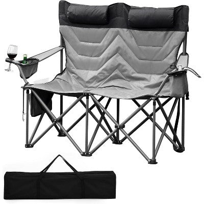  Oversized Double Folding Camping Chair,Heavy Duty Outdoor Padded Portable Chair For 2 Person With Cup Holder