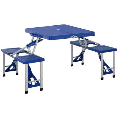  Outsunny Portable Foldable Camping Picnic Table Set With Four Chairs And Umbrella Hole, 4-Seats Aluminum Fold Up Travel Picnic Table
