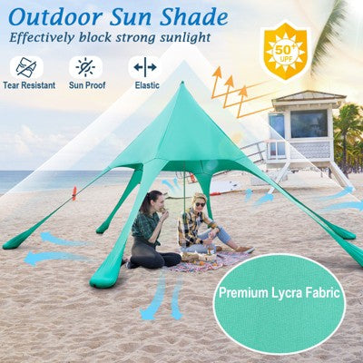  Tangkula 20 X 20 FT Beach Tent Beach Canopy W/ UPF50+ Sun Protection Carrying Bag & Sand Shovel Aluminum Pole & 6 Ground Stakes Blue/Green