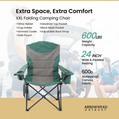  Arrowhead Outdoor XXL Folding Padded Camping Chair W/Cup & Wine Holder, Armrest Cooler, Support Up To 600 Lbs (Forest Green)