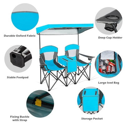  Costway Portable Folding Camping Canopy Chairs W/ Cup Holder Cooler Outdoor Blue