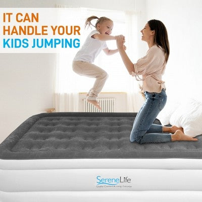  SereneLife Full Size Inflatable Premium Airbed Flocked PVC Mattress For Travel And Camping With Internal AC Pump, Storage Bag, And 2 Repair Patches