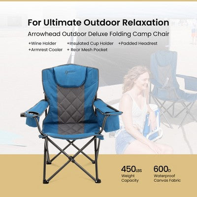  Arrowhead Outdoor Portable Folding Camping Quad Chair W/ 6-Can Cooler, Heavy-Duty Carrying Bag, Supports Up To 450lbs (Ocean Blue)