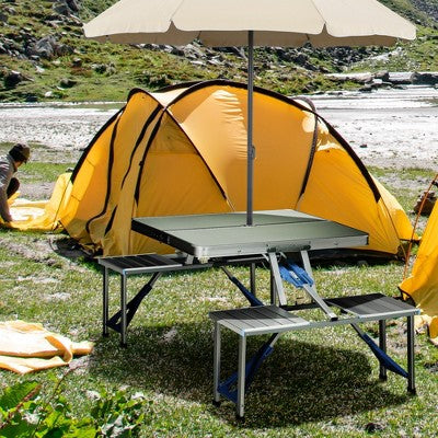  Outsunny Folding Aluminum Picnic Table Chair Set, 4-Seat Outdoor Furniture With Portable Suitcase, Umbrella Hole, Handle For Camping Dining BBQ