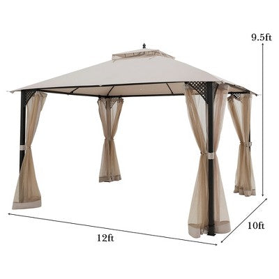  Costway 12' X 10' Outdoor Patio Gazebo Canopy Shelter Double Top Sidewalls Netting Brown\ Beige
