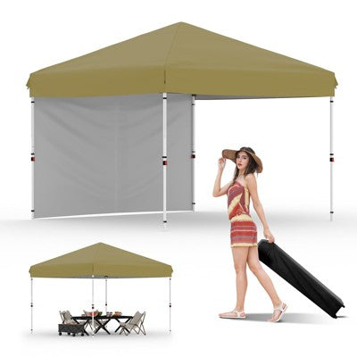  10x10 Heavy Duty Pop Up Canopy, One-Button Setup, Portable Roller Bag, Adjustable Height, Includes 1 Sidewall & 4 Weight Bags