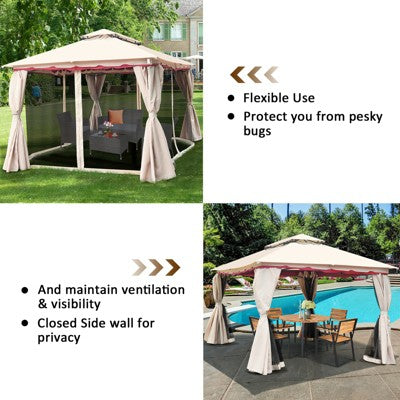  Tangkula 10'x10'Outdoor Canopy Gazebo Art Steel Frame 2-Tiers Party Patio Large Canopy Gazebo W/Netting&Side Walls