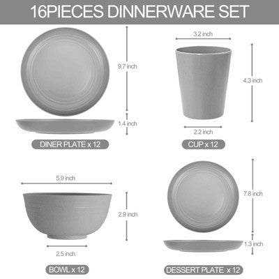  Itopfox 48-Piece Grey Wheat Straw Dinnerware Set Unbreakable Plates, Bowls, And Cups For 12, Dishwasher Safe, Perfect For Camping, BBQs & Gatherings
