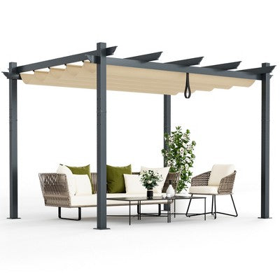  Costway 10x12ft Outdoor Aluminum Retractable Pergola Canopy Shelter Grape Trellis Beige/Gray